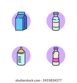 Botella de leche línea icono conjunto. Bebé con pezón, botella de vidrio, caja de leche, embalaje. Concepto de embalaje de leche. Ilustración vectorial para Diseños web y App