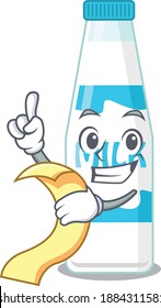Bottle of milk mascot character style with a menu on his hand. Vector illustration