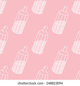 Bottle of milk seamless pattern. Pink outline background