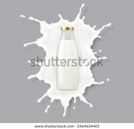 Bottle of milk in splattering liquid realistic vector illustration. Blank glass container for dairy products 3d objects on white background