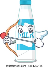 Bottle of milk in sweet romantic cupid cartoon drawing with arrow. Vector illustration