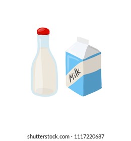A bottle of milk and tetra pack vector icon. Dairy products eating cartoon illustration isolated on white background 