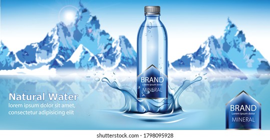 Bottle of mineral natural water in center of a water splash. Snowy mountains in background. Product placement. 3D mock up. Vector realistic