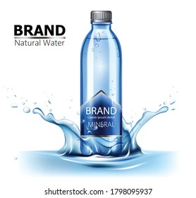 Bottle of mineral water with place for text in center of a water splash. Realistic. Product placement. 3D Mockup. Vector