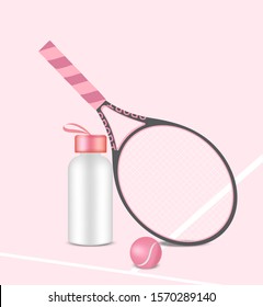 Bottle Mock up 3D Realistic Water Shaker Pastel Pink with Racket  and Tennis Ball Background Illustration. Health Care, drink and Sport Concept Design