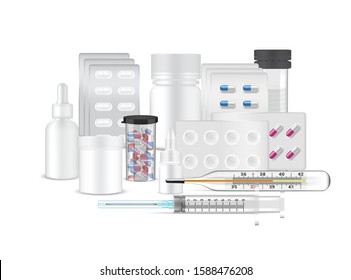 Bottle Mock up and Realistic Capsules, Pill, Medicine on White Background with Packaging, Thermometer and Syringe for fever check design Vector Illustration. Tablets Medical, Pharmacy and Health Care 