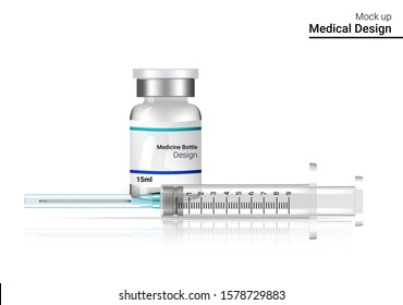 Bottle Mock up Realistic and Vaccine Syringe flu shot on White Background with Packaging. Hospital Tool design Vector Illustration. Medical and Health Concept.