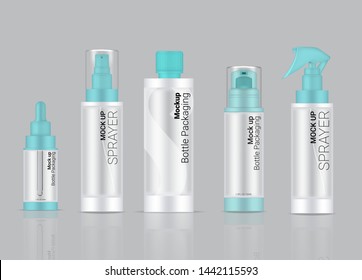 Bottle Mock up Transparent Realistic Skincare Product Spray, Foam soap, Dropper Serum, Pump Lotion Packaging Pastel Colour on background illustration