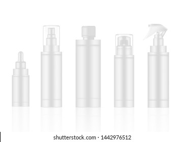 Bottle Mock up White Realistic Skincare Product Spray, Foam soap, Dropper Serum, Pump Lotion Packaging on isolated White background illustration