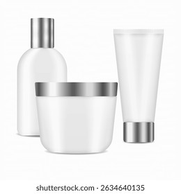 Bottle mockup with dropper tube pump cap label cream container jar template plastic object set vector cosmetic skin care 3d illustration health packaging