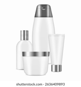 Bottle mockup with dropper tube pump cap label cream container jar template plastic object set vector cosmetic skin care 3d illustration health packaging