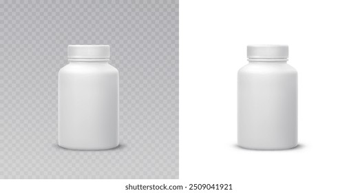 Bottle mockup isolated on transparent and white backgrounds. Medicine plastic package for pills, vitamins or capsules. Vector empty jar, container mock up