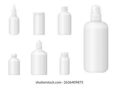 Bottle mockup with plastic container cap label vitamin supplement jar protein template medicine isolated background pack pharmaceutical product blank white remedy