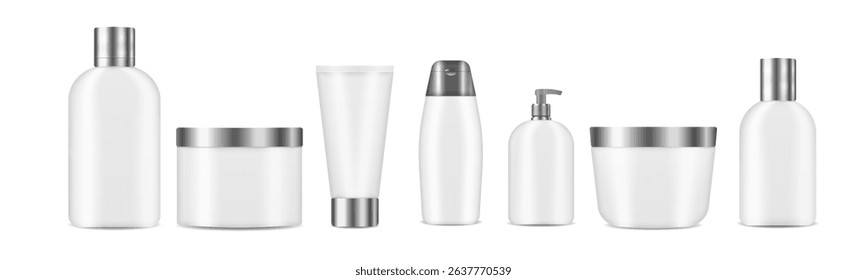 Bottle mockup with pump cap label cream container jar plastic template dropper set realistic object cosmetic product hygiene skin care packaging vector