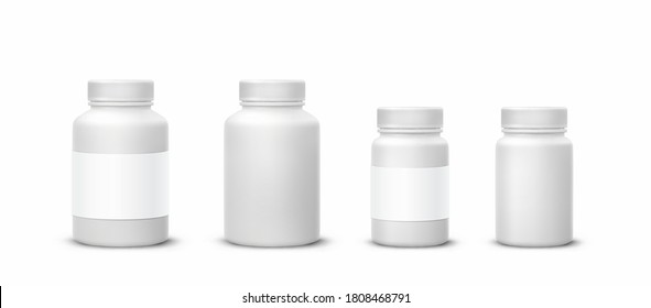 Bottle mockup set with blank label isolated on white background. Medicine plastic packages for pills, vitamins or capsules. Vector empty jars, containers mock up