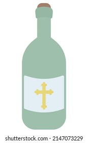 A bottle of monastery wine. There is a golden cross on the label. Color vector illustration. Green glass container with Easter Cahors. A bottle with an alcoholic drink is closed with a cork. 