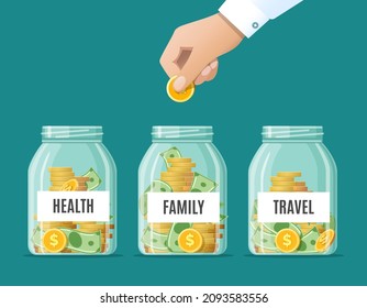 Bottle money savings. Health family travel saving jars, gold coins and banknotes moneybox retirement financial education concept, business investment vector illustration