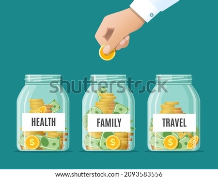Bottle money savings. Health family travel saving jars, gold coins and banknotes moneybox retirement financial education concept, business investment vector illustration