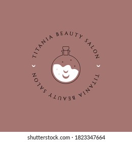 Bottle and moon. Vector Boho Witch and Magic logo design template in trendy linear minimal style. Symbol for cosmetics and packaging, jewellery, hand crafted or beauty products