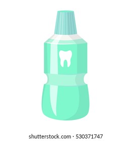 Bottle of mouthwash icon in cartoon style isolated on white background. Dental care symbol vector illustration.
