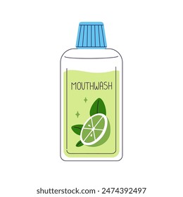 Bottle of mouthwash with mint, lime for oral health care. Product for washing tooth, rinse mouth. Liquid for dental hygiene, fresh breathing. Flat isolated vector illustration on white background