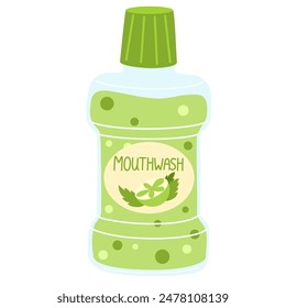 Bottle of mouthwash with mint, lime for oral health care. Product for washing tooth, rinse mouth. Liquid for dental hygiene, fresh breathing. Flat isolated vector illustration on white background