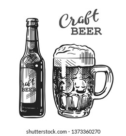 Bottle and mug of beer isolated on white background, hand-drawing. Vector vintage engraved illustration.