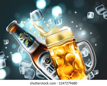 A bottle and a mug of beer on the background of transparent ice cubes. Highly realistic illustration.