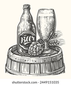 Bottle and mug of beer on wooden keg. Pub, brewery sketch. Hand drawn vintage vector illustration