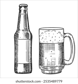 Bottle and mug with beer. Vector illustration