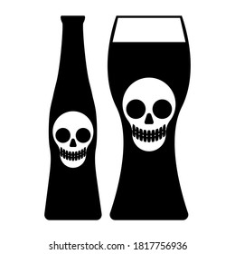 Bottle and mug with skull black on white background, sign for design, vector illustration