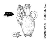 Bottle of mustard oil with plant. Vector Hand drawn illustration. Glass pitcher vintage engraving isolated on white background. Great for menu, banner, label, logo, flyer