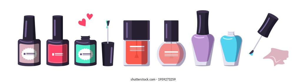 A bottle of nail polish in different shapes and colors. Manicure tools. Caring for the health of hands and nails. Beauty salon icons. Vector flat illustration.