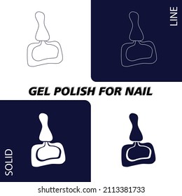 A bottle of nail polish. In lines and solid fill for dark and light backgrounds. Objects and materials for a beauty and fashion salon. Vector illustration.