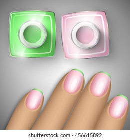 Bottle of nail polish and nails. Vector illustration