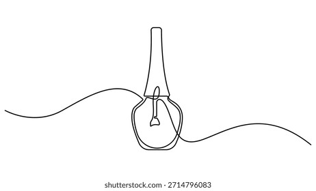 Botella de esmalte de uñas como un Anuncio de dibujo de línea. Anuncio y tarjeta de visita. Diseño minimalista dibujado a mano continuo aislado sobre fondo blanco. Ilustración vectorial de barniz de uñas.