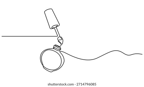 Garrafa de esmalte de unha como um banner de desenho de uma linha. Banner e cartão de visita. Mão contínua desenhada minimalismo design isolado no fundo branco. Ilustração de vetor de verniz de unha.