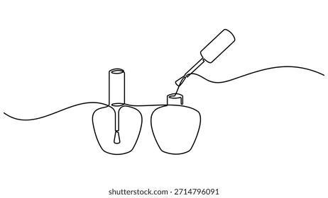 Garrafa de esmalte de unha como um banner de desenho de uma linha. Banner e cartão de visita. Mão contínua desenhada minimalismo design isolado no fundo branco. Ilustração de vetor de verniz de unha.