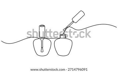 Bottle of nail polish as one line drawing banner. Banner and business card. Continuous hand drawn minimalist minimalism design isolated on white background. Nail varnish vector illustration.