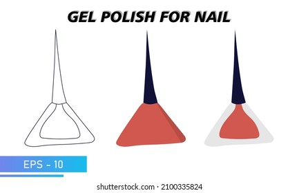 Una botella de esmalte de uñas. Un frasco sencillo, un frasco de color transparente y una silueta en fila. Objetos y materiales para un salón de belleza y moda. Ilustración vectorial.