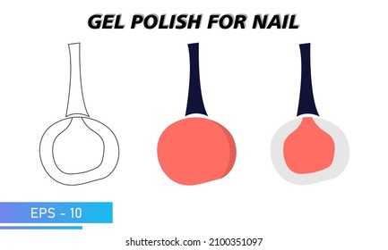 A bottle of nail polish. A simple jar, a transparent colored jar and a silhouette in lines. Objects and materials for a beauty and fashion salon. Vector illustration.