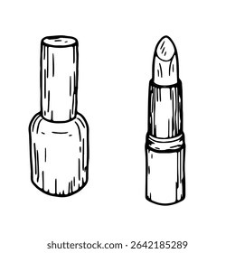A bottle of nail polish and a tube of women's lipstick. Vector illustration. Black and white ink drawing, isolated on a white background set. Illustration of a beauty salon, cosmetics store