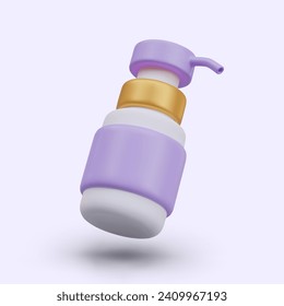 Bottle with narrow spray nozzle. Pump bottle for aromatic liquids. Color realistic illustration. Disinfectant. Mockup of plastic container with gold decoration