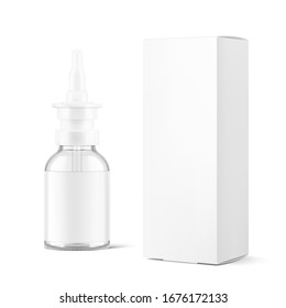 Bottle for nasal drops with cardboard packaging box mockup. Vector illustration isolated on white background. Ready for your design. EPS10. 
