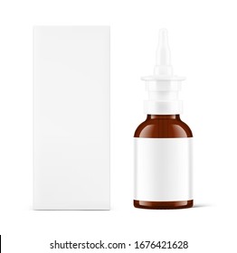 Bottle for nasal drops with cardboard packaging box mockup. Vector illustration isolated on white background. Ready for your design. EPS10. 