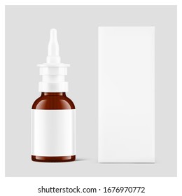 Bottle for nasal drops with cardboard packaging box mockup. Vector illustration on grey background. Ready for your design. EPS10. 