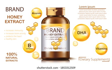 Bottle with natural honey extract for dietary supplement and health benefits. Contains minerals and vitamins. Place for text. Realistic 3D mockup product placement. Vector