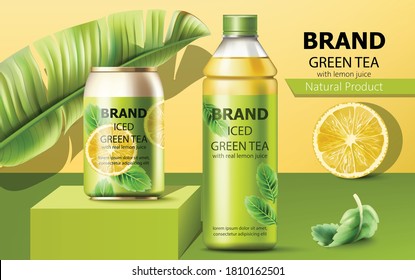 Bottle Of Natural Ice Green Tea With Real Lemon Juice Surrounded By A Palm And Mint Leaves. 3D Mockup With Product Placement. Vector