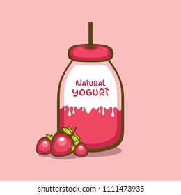 Bottle of Natural yogurt with strawberry. Tasty milkshake. Fresh milk product. Template for logo and packaging.