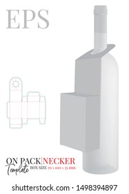Bottle neck hanger template, vector with die cut / laser cut lines. On pack neck hanger. White, clear, blank, isolated bottle neck hanger mock up on white background with perspective presentation